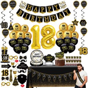 18th birthday decorations for boys girls,(76pack) black gold party banner, pennant, hanging swirl, birthday balloons, tablecloths, cupcake topper, crown, photo props, birthday sash for men gift