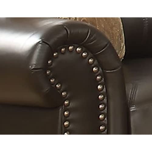 AC Pacific Louis Collection Traditional Upholstered Leather Living Room Piece with Antique Brass Nail Head Trim, Sofa, Dark Brown