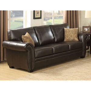 ac pacific louis collection traditional upholstered leather living room piece with antique brass nail head trim, sofa, dark brown