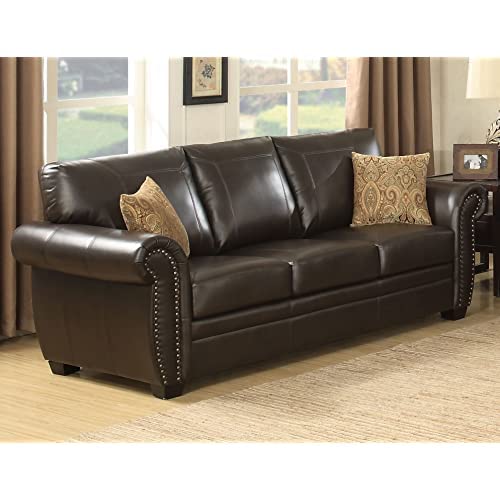 AC Pacific Louis Collection Traditional Upholstered Leather Living Room Piece with Antique Brass Nail Head Trim, Sofa, Dark Brown