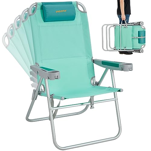 #WEJOY 17 in Oversized Beach Chair, 5 Adjustable Reclining Folding Backpack Beach Chairs for Adult, High Back Seat Chair with Bottle Opener,Handle Strap,Phone&Cup Holder for Camping Sand,300 Lbs