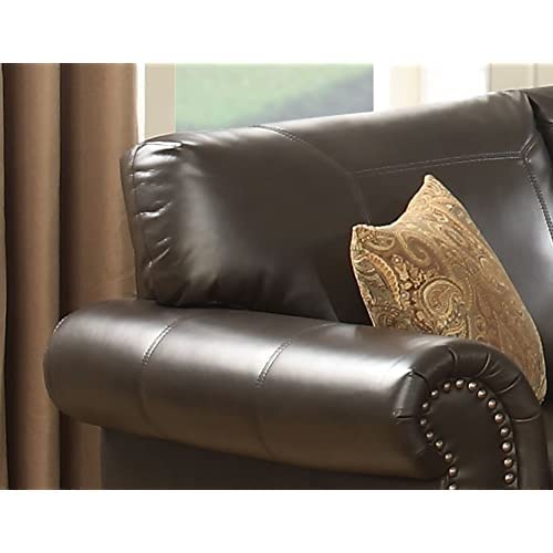 AC Pacific Louis Collection Traditional Upholstered Leather Living Room Piece with Antique Brass Nail Head Trim, Sofa, Dark Brown