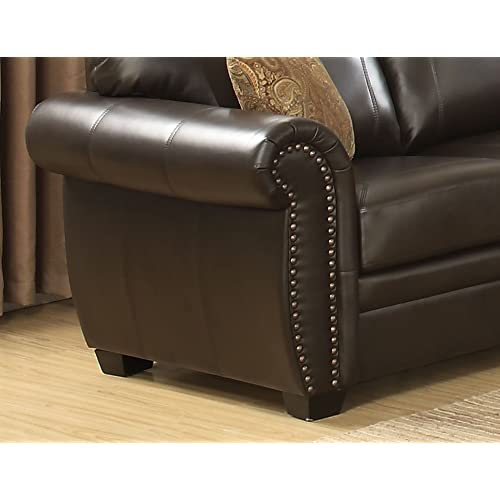 AC Pacific Louis Collection Traditional Upholstered Leather Living Room Piece with Antique Brass Nail Head Trim, Sofa, Dark Brown