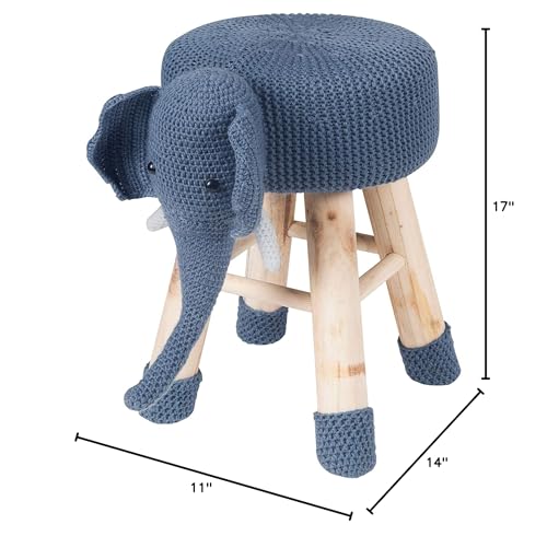 AC Pacific Woodland Elephant Stool for Kids, Animal Themed Wooden Ottoman Chair with Soft Plush Fabric, Sturdy Pine Wood Legs, Ideal for Playrooms, Nurseries or Living Rooms, Navy Blue