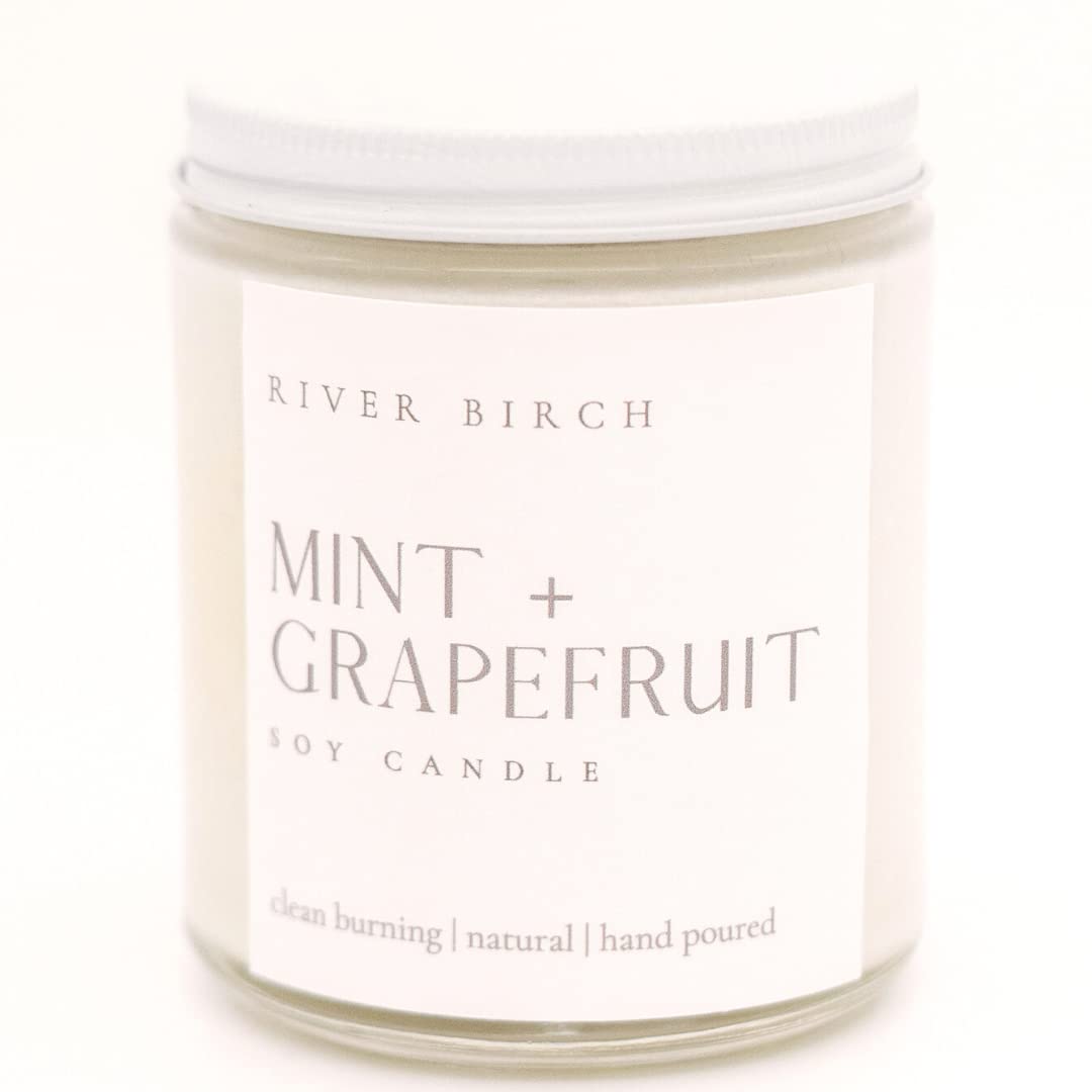 River Birch Candles Mint + Grapefruit Scented Candle | Premium, All-Natural, Non-Toxic, Soy Candles | 8.5oz 40 Hr Burn Time | Cozy Relaxing Gifts for Home