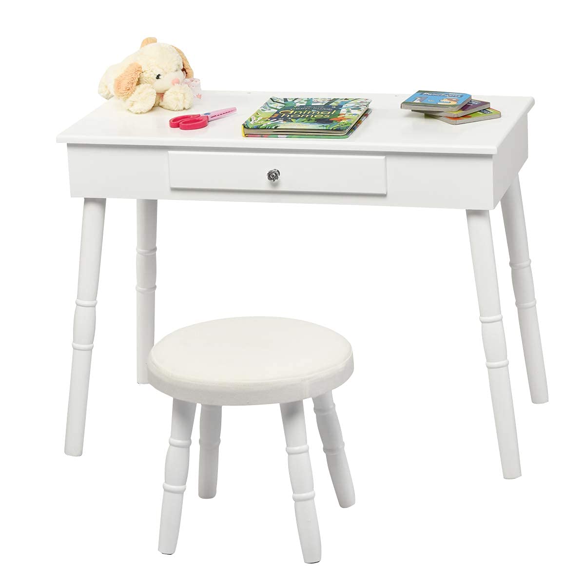 MAT EXPERT Kids Vanity Table Set, Child Pretend Play Makeup Table w/Stool & Crown Mirror, Princess Beauty Play Dressing Table Set w/Drawer, Makeup Table and Stool Set w/Real Mirror for Girls (White)