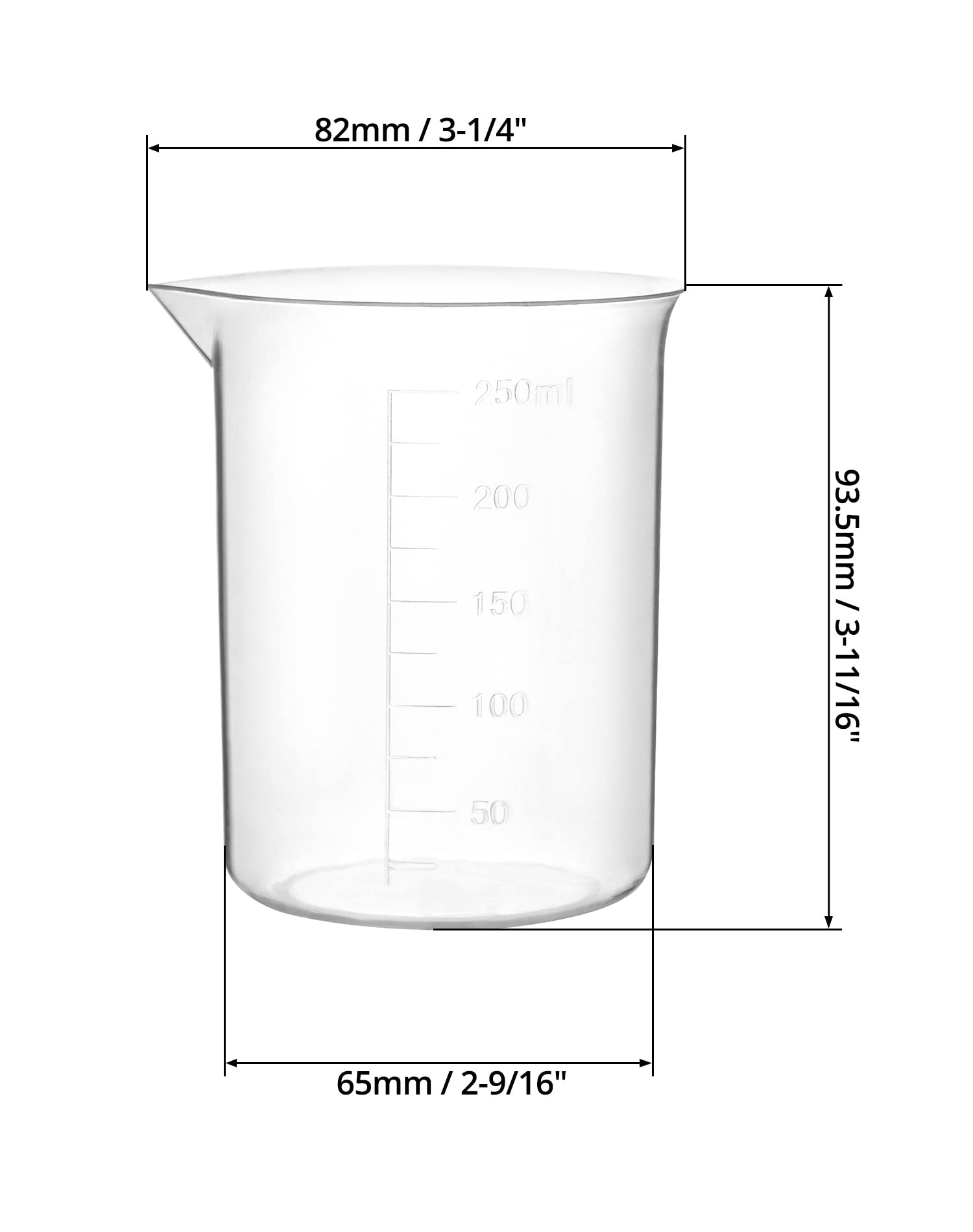 QWORK Plastic Beakers, 250ml, 12 Pieces, Polypropylene, Raised Graduations, Tapered Spout