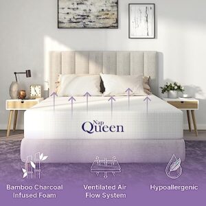 NapQueen 10 Inch Full Size Mattress, Bamboo Charcoal Memory Foam Mattress, Bed in a Box, White