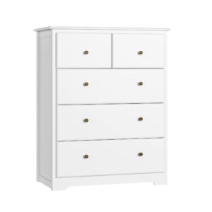 HOUSUIT Dresser with 5 Drawers, Tall Dresser Chest of Drawers, 5 Drawer Dresser with Deep Space, Wood Dresser Storage Cabinet for Living Room, Hallway, Entryway, Office, White