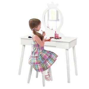 mat expert kids vanity table set, child pretend play makeup table w/stool & crown mirror, princess beauty play dressing table set w/drawer, makeup table and stool set w/real mirror for girls (white)