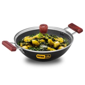 futura hawkins 3 litre deep fry pan with glass lid, hard anodised kadai, flat bottom kadhai, black (ad30g)