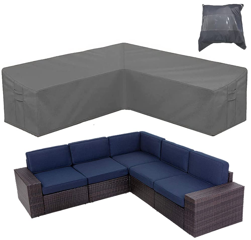 Skyour Patio Furniture Sectional Couch Sofa Cover Gray Weatherproof Heavy Duty 420D Oxford Outdoor V Shaped Sectional Garden Rattan Corner Sofa Furniture Protector Covers (V-Shape: 84x84in)