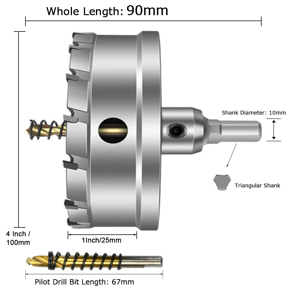 ASNOMY Tungsten Carbide Tipped Hole Saw Drill Bit for Hard Metal, 4 Inch T.C.T Hole Saw Cutter with 2pcs Titanium-Plated Pilot Drill bit for Metal, Stainless Steel, Iron, Wood, Plastic