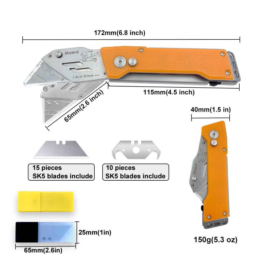 Maerd Heavy Duty Folding Utility Knife, Quick Change Box Cutter Pocket Knife with Frame Lock, Blade Storage in Handle with Extra 25 Blades Included, Razor Carpet Work Knives EDC with Belt Clip