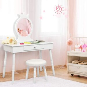 MAT EXPERT Kids Vanity Table Set, Child Pretend Play Makeup Table w/Stool & Crown Mirror, Princess Beauty Play Dressing Table Set w/Drawer, Makeup Table and Stool Set w/Real Mirror for Girls (White)