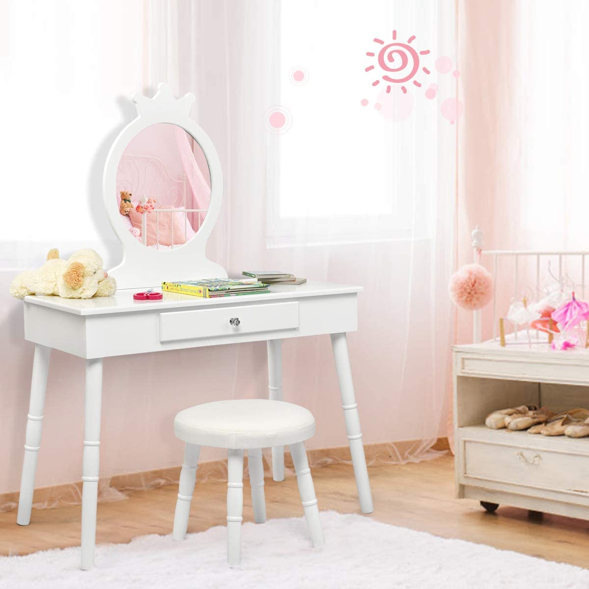 MAT EXPERT Kids Vanity Table Set, Child Pretend Play Makeup Table w/Stool & Crown Mirror, Princess Beauty Play Dressing Table Set w/Drawer, Makeup Table and Stool Set w/Real Mirror for Girls (White)