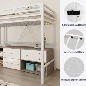 Allewie Metal Loft Bed Twin Size with Full Length Guardrail, Space-Saving Design for Dorm, No Box Spring Needed, Matte White