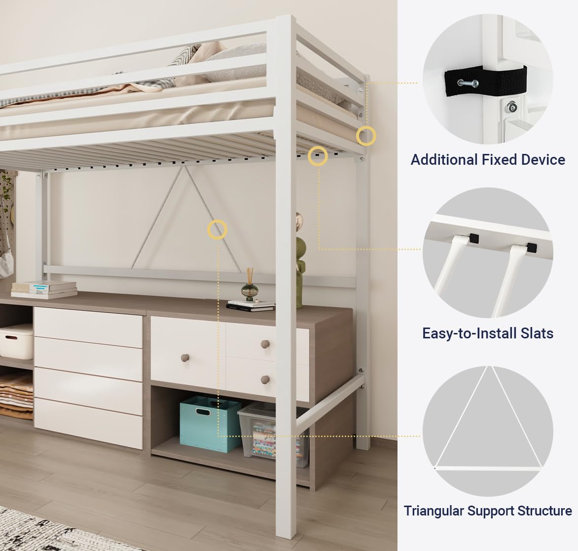 Allewie Metal Loft Bed Twin Size with Full Length Guardrail, Space-Saving Design for Dorm, No Box Spring Needed, Matte White