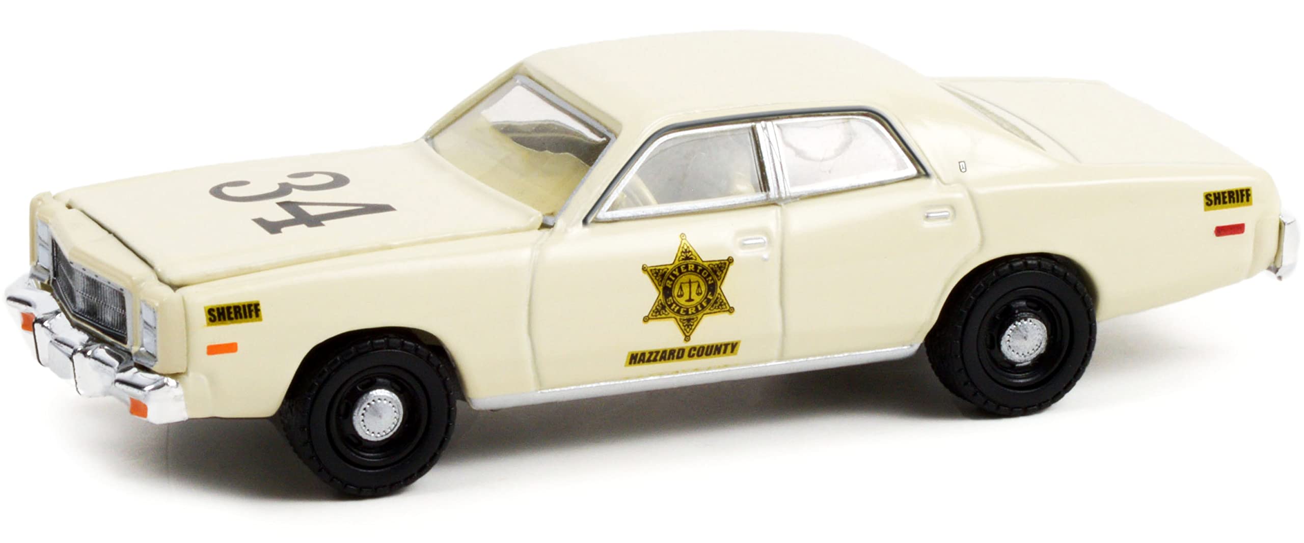 Greenlight 1977 Plymouth Fury Cream #34 Riverton Sheriff Hazzard County Hobby Exclusive 1/64 Diecast Model Car