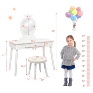 MAT EXPERT Kids Vanity Table Set, Child Pretend Play Makeup Table w/Stool & Crown Mirror, Princess Beauty Play Dressing Table Set w/Drawer, Makeup Table and Stool Set w/Real Mirror for Girls (White)