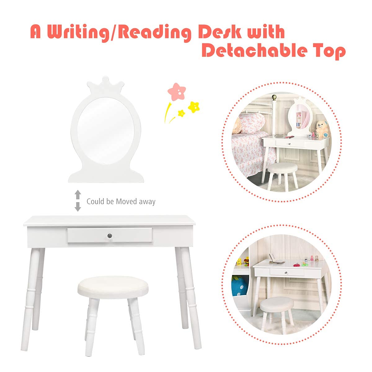 MAT EXPERT Kids Vanity Table Set, Child Pretend Play Makeup Table w/Stool & Crown Mirror, Princess Beauty Play Dressing Table Set w/Drawer, Makeup Table and Stool Set w/Real Mirror for Girls (White)