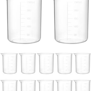 QWORK Plastic Beakers, 250ml, 12 Pieces, Polypropylene, Raised Graduations, Tapered Spout