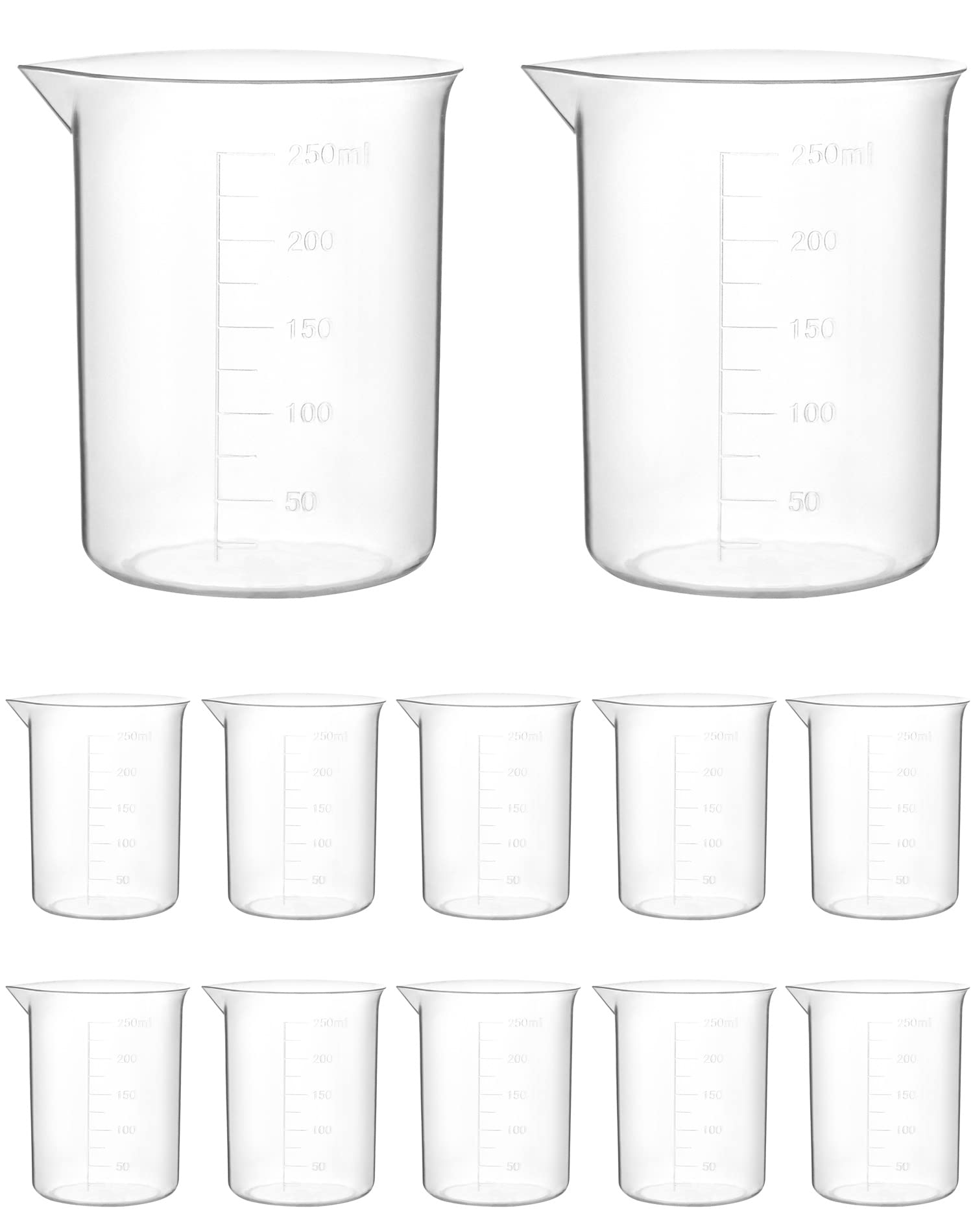 QWORK Plastic Beakers, 250ml, 12 Pieces, Polypropylene, Raised Graduations, Tapered Spout