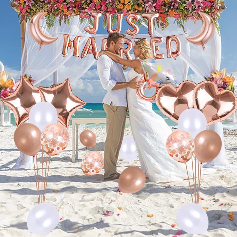 Maigendoo Wedding Balloons Set Just Married Banner Heart Star Moon Foil Mylar Balloon Diamond Balloon Confetti Balloon Latex Balloons Kit for Bridal Shower Wedding Engagement Party Decorations