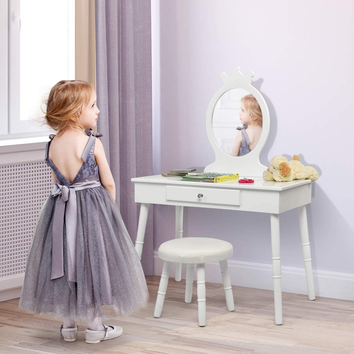 MAT EXPERT Kids Vanity Table Set, Child Pretend Play Makeup Table w/Stool & Crown Mirror, Princess Beauty Play Dressing Table Set w/Drawer, Makeup Table and Stool Set w/Real Mirror for Girls (White)