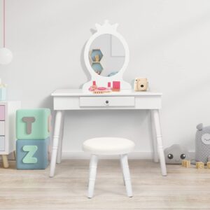 MAT EXPERT Kids Vanity Table Set, Child Pretend Play Makeup Table w/Stool & Crown Mirror, Princess Beauty Play Dressing Table Set w/Drawer, Makeup Table and Stool Set w/Real Mirror for Girls (White)