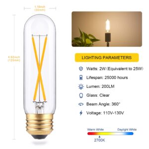 Dimmable 2W Tubular LED Bulbs, 2700K Warm White, Edison Style Filament Light Bulb, Vintage T10 Lamp Bulb 25 Watt Equivalent, E26 Medium Base 200LM,Clear Glass Cover,3Pack