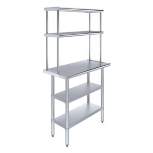 amgood stainless steel work table with 2 shelves | metal kitchen prep table & shelving combo (18" x 36" table with 2 shelves + 12" overshelf)