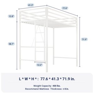 Allewie Metal Loft Bed Twin Size with Full Length Guardrail, Space-Saving Design for Dorm, No Box Spring Needed, Matte White