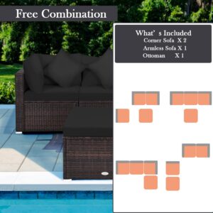 Tangkula 4 PCS Patio Rattan Sofa Set, Outdoor Wicker Sectional Furniture Set, Patio Conversation Set with Removable Cushions & Pillows for Backyard Porch Garden Poolside Balcony (Black)