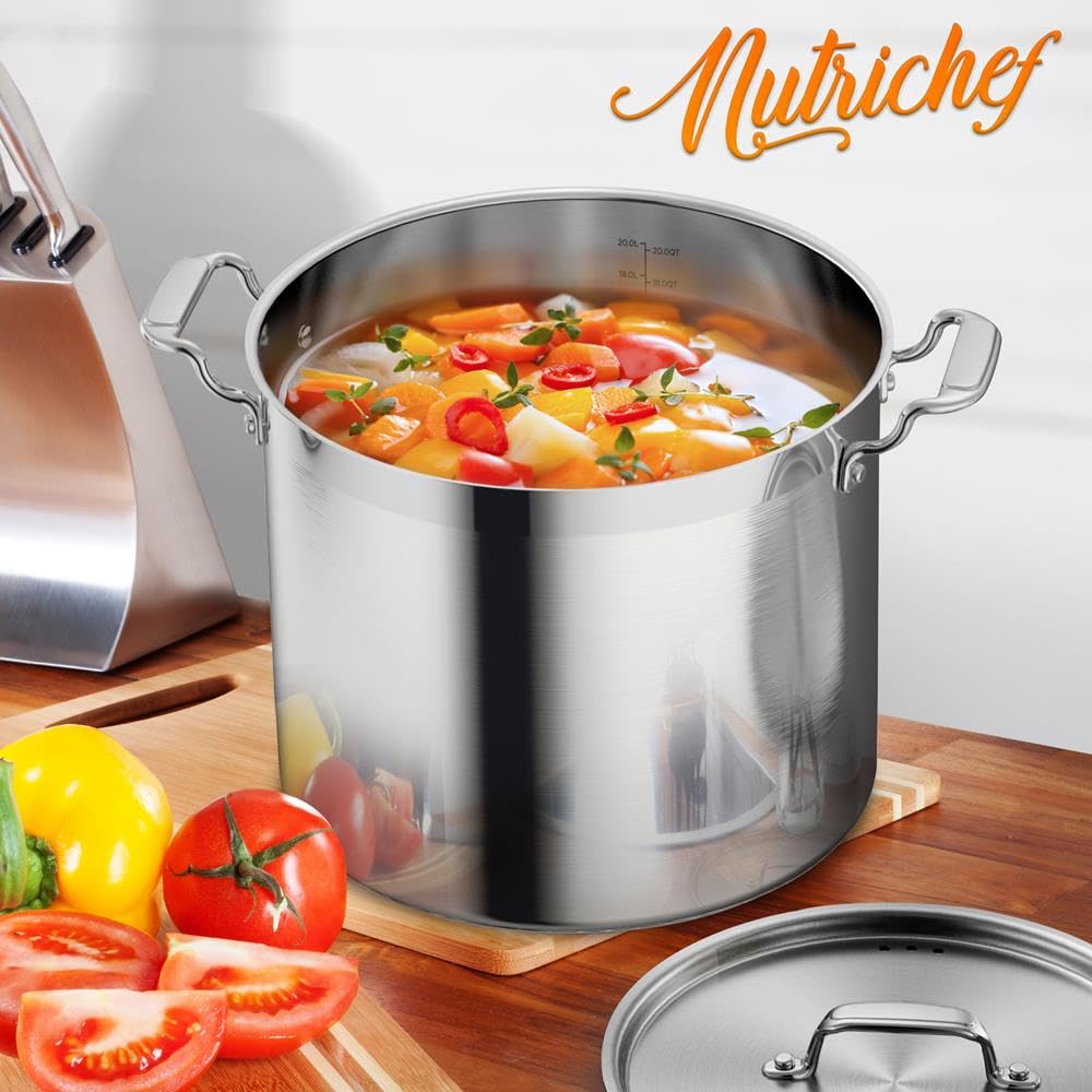 NutriChef 20 Quart Heavy-Duty Stockpot with Stainless Lid - Large Pot for Induction, Gas & Electric Cooktops, Perfect for Soups & Stews