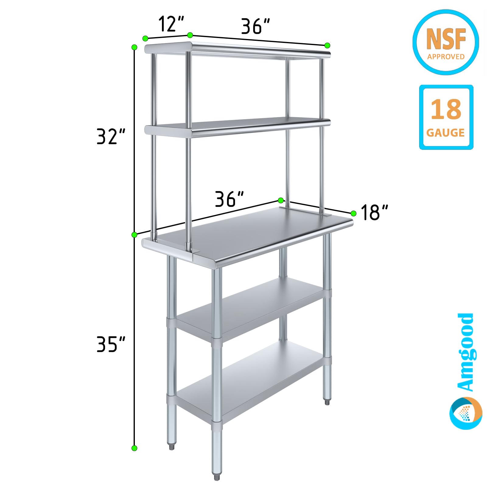 Amgood Stainless Steel Work Table with 2 Shelves | Metal Kitchen Prep Table & Shelving Combo (18" x 36" Table with 2 Shelves + 12" Overshelf)