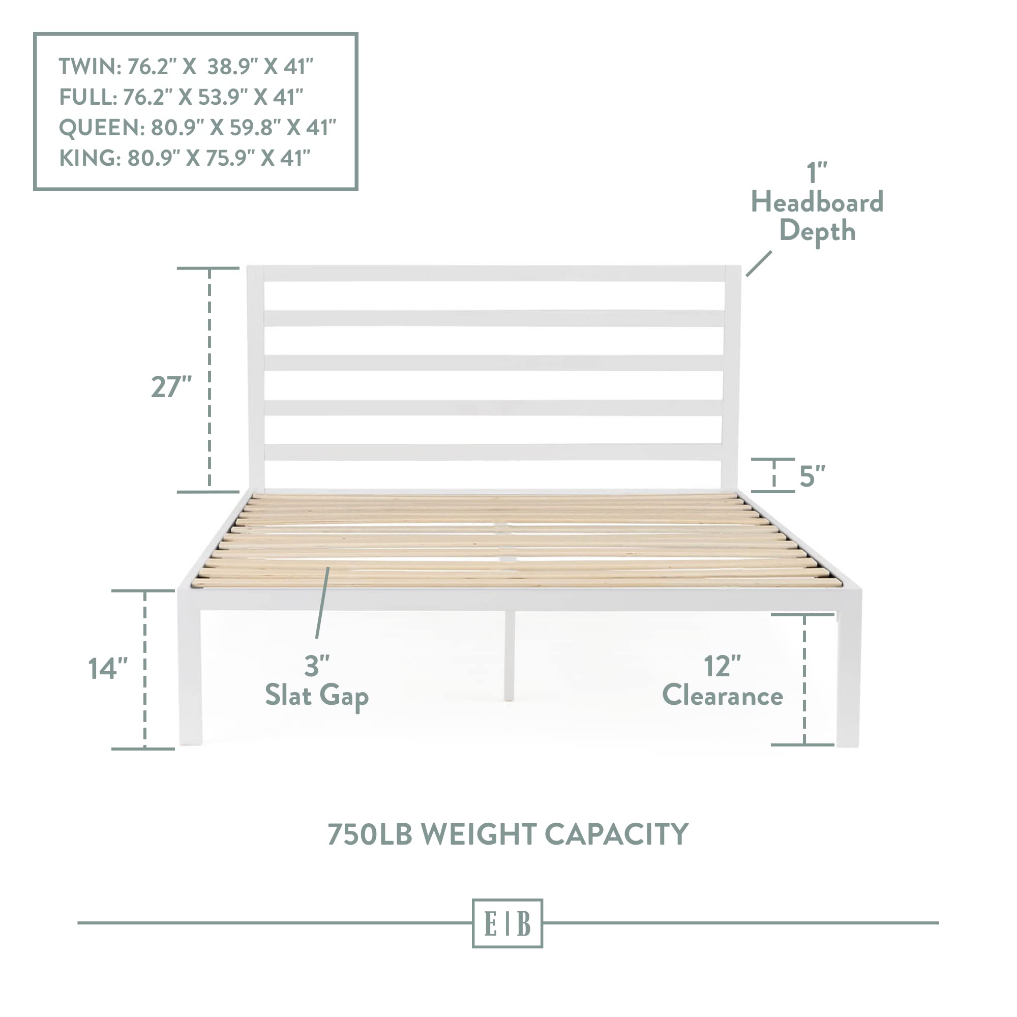 Edenbrook Cassidy Metal Platform Bed Frame with Metal Headboard - Box Spring Not Required - Wood Slat Support, White, Queen