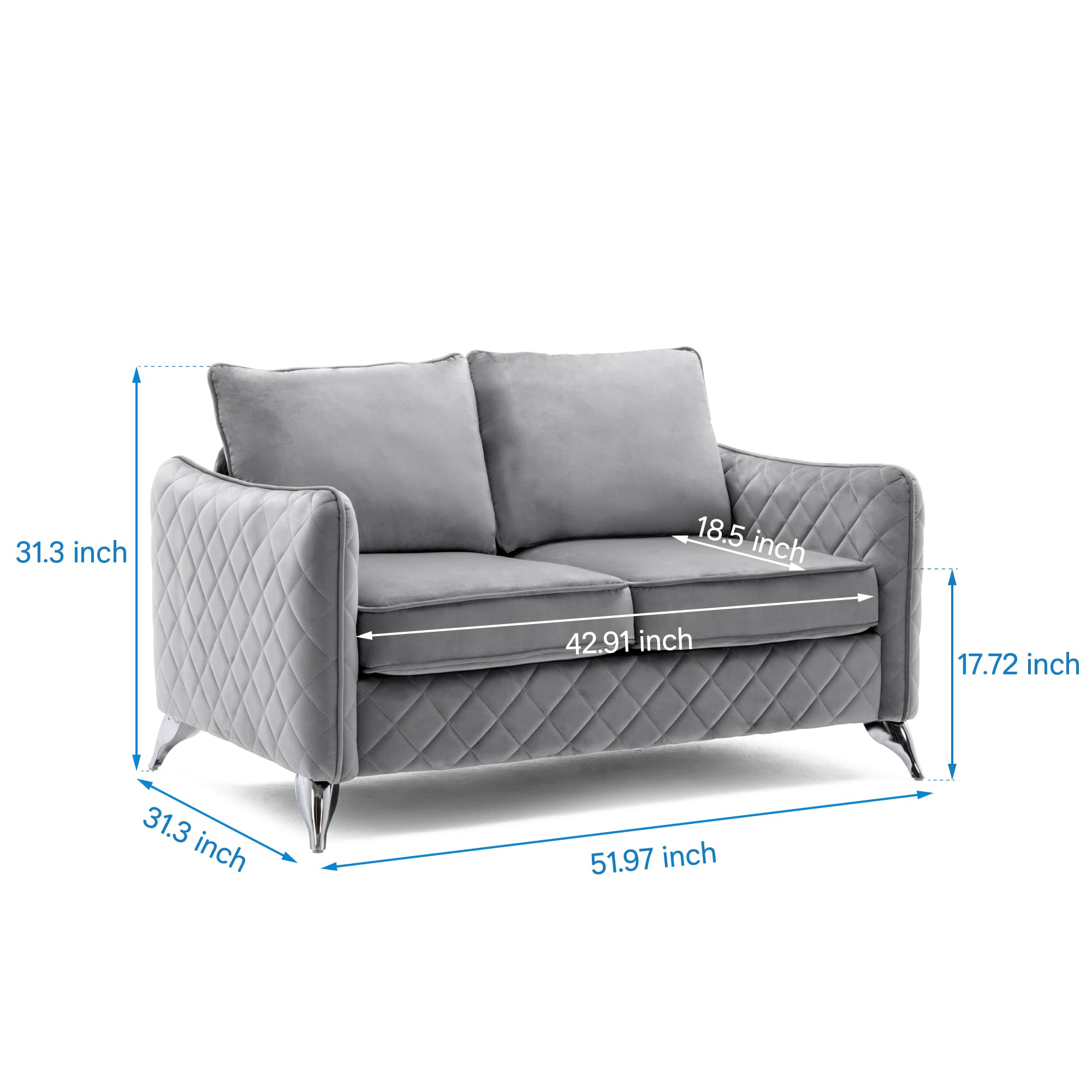 Artechworks Velvet Loveseat Sofa Couch Mid Century Modern, Tufted Upholstery, Reception Love Seats,2-Seat Chair Couch,Office,Home,Bedroom,Livingroom, Apartment, Silver Tone Metal Legs, Grey