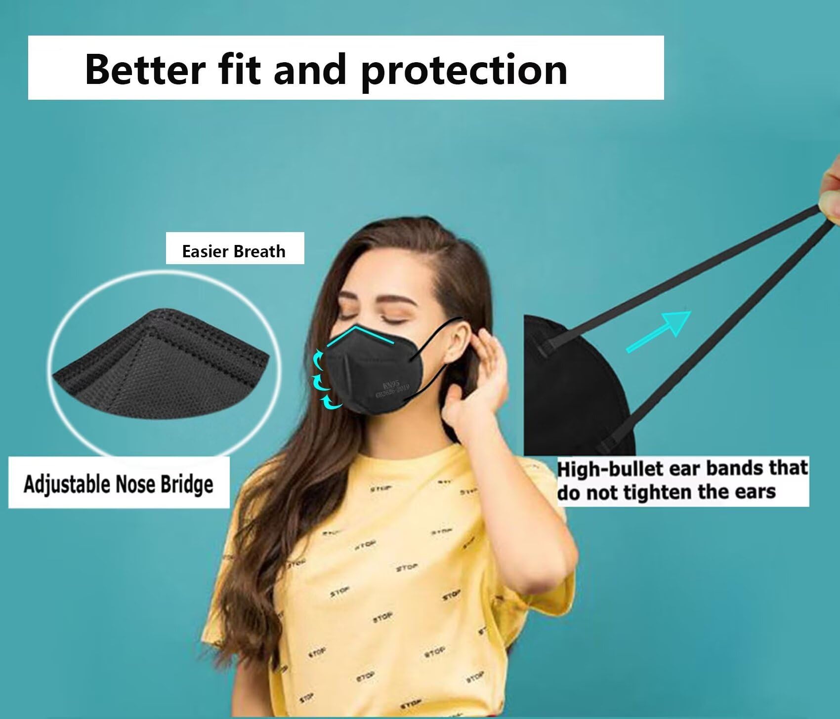 Edith qi KN95 Face Masks 50 PCS, Individually Wrapped, 5 Ply Black Disposable KN95 Masks for Adults Filter Efficiency 95%, Protection against PM 2.5 Smoke Particles