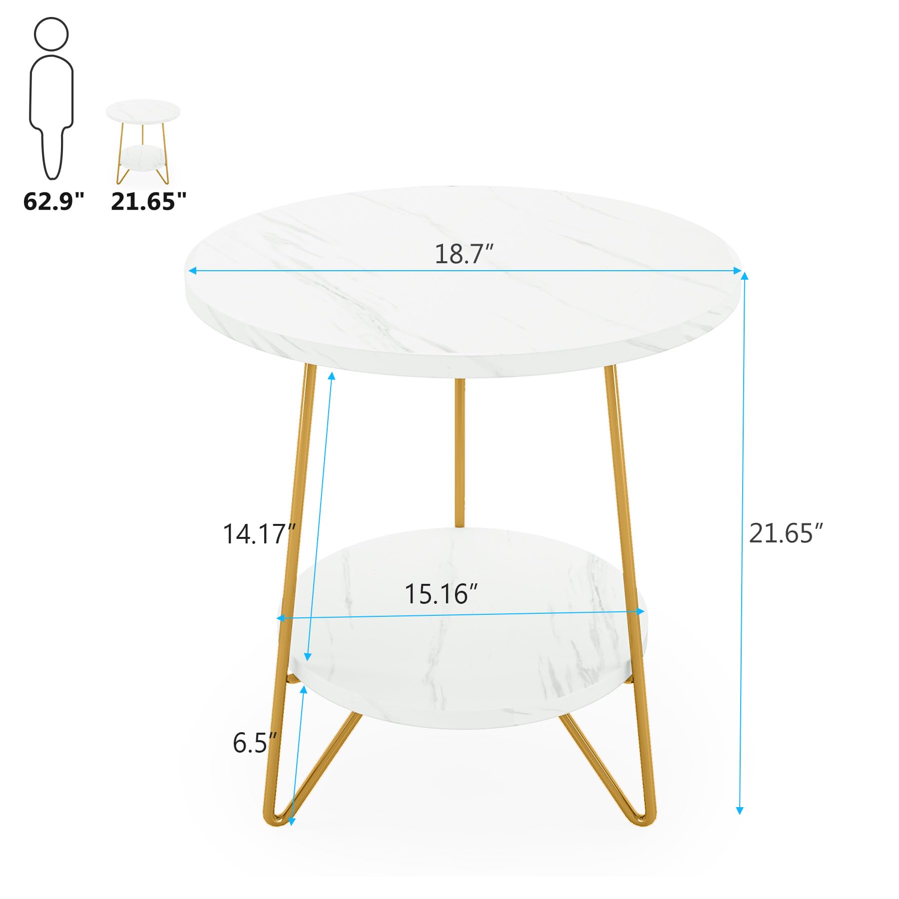 Tribesigns Faux Marble End Table, 2 Tier Round Side Table with Shelves, Modern Gold Nightstand Bedside Table Small Coffee Accent Table for Living Room Bedroom, White and Gold