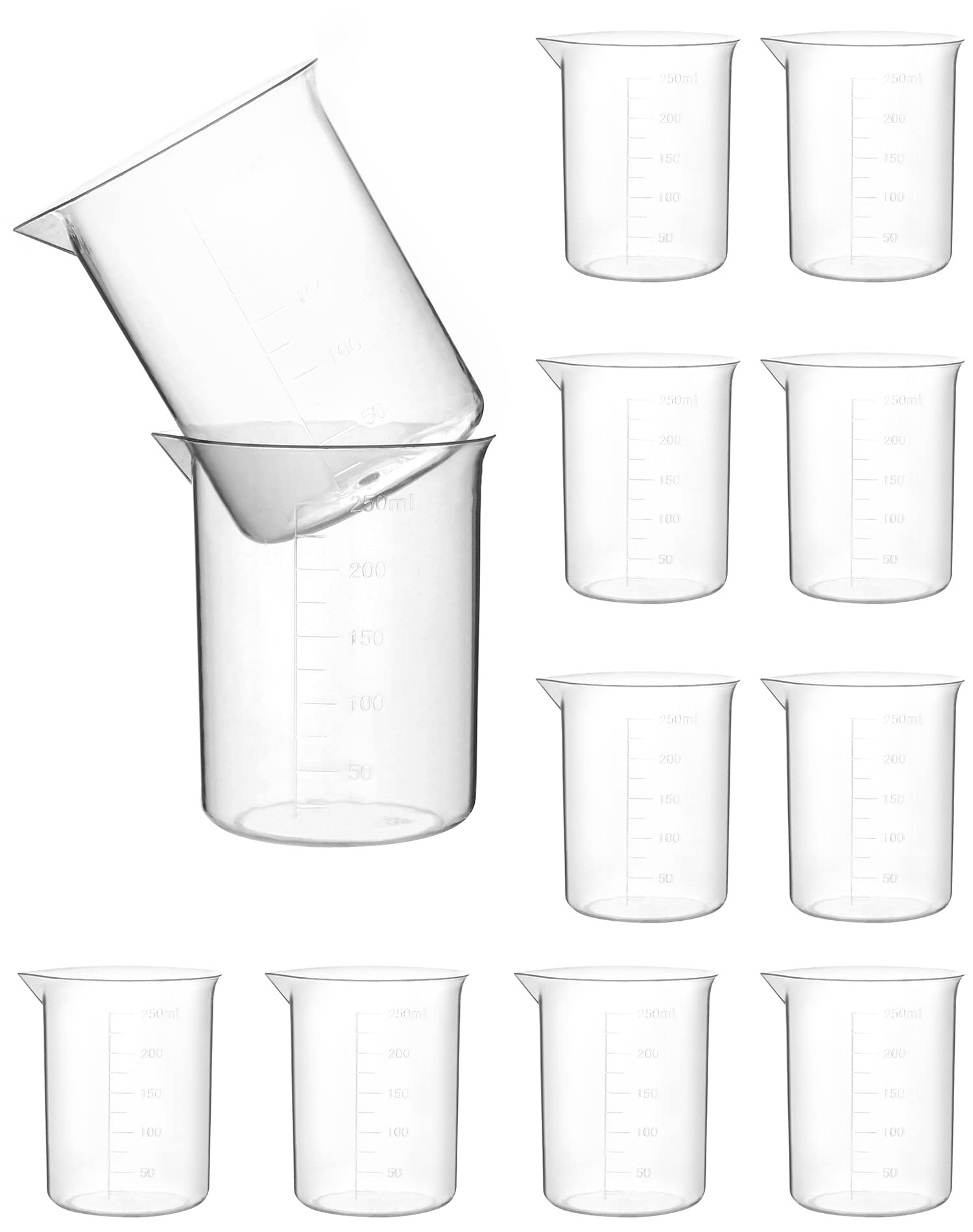 QWORK Plastic Beakers, 250ml, 12 Pieces, Polypropylene, Raised Graduations, Tapered Spout