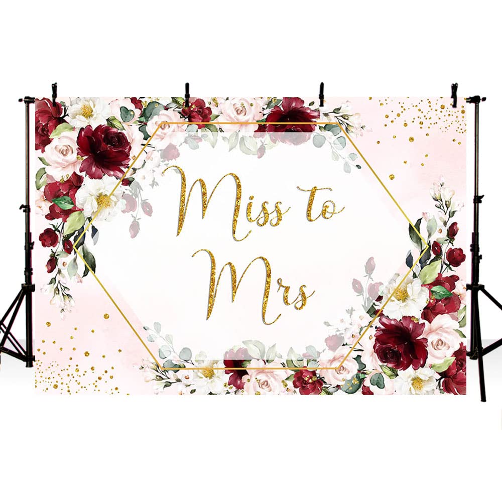 ABLIN 7x5ft Miss to Mrs Backdrop for Bridal Shower Burgundy Red Flowers Photography Background Wedding Bridal Shower Decorations Bride to Be Engagement Party Banner Props