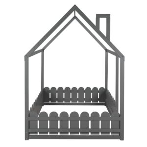 MERITLINE House Bed Full Size Playhouse Bed Frame with Roof Full Kids Bed for Girls Boys, Box Spring Needed, Grey