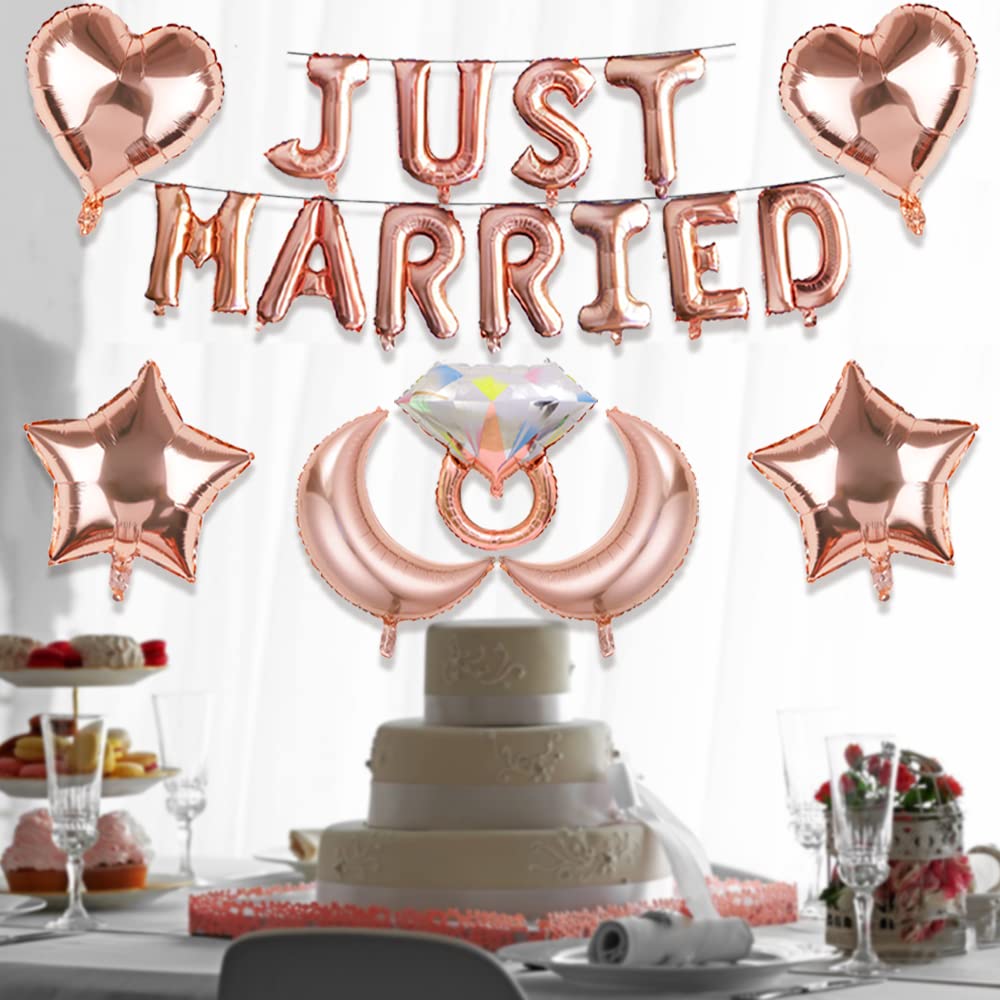 Maigendoo Wedding Balloons Set Just Married Banner Heart Star Moon Foil Mylar Balloon Diamond Balloon Confetti Balloon Latex Balloons Kit for Bridal Shower Wedding Engagement Party Decorations