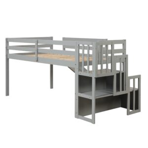 Harper & Bright Designs Twin Loft Bed with Slide and Stairs, Solid Wood Kids Loft Bed with Full-Length Safety Guardrails, for Girls Boys – Gray