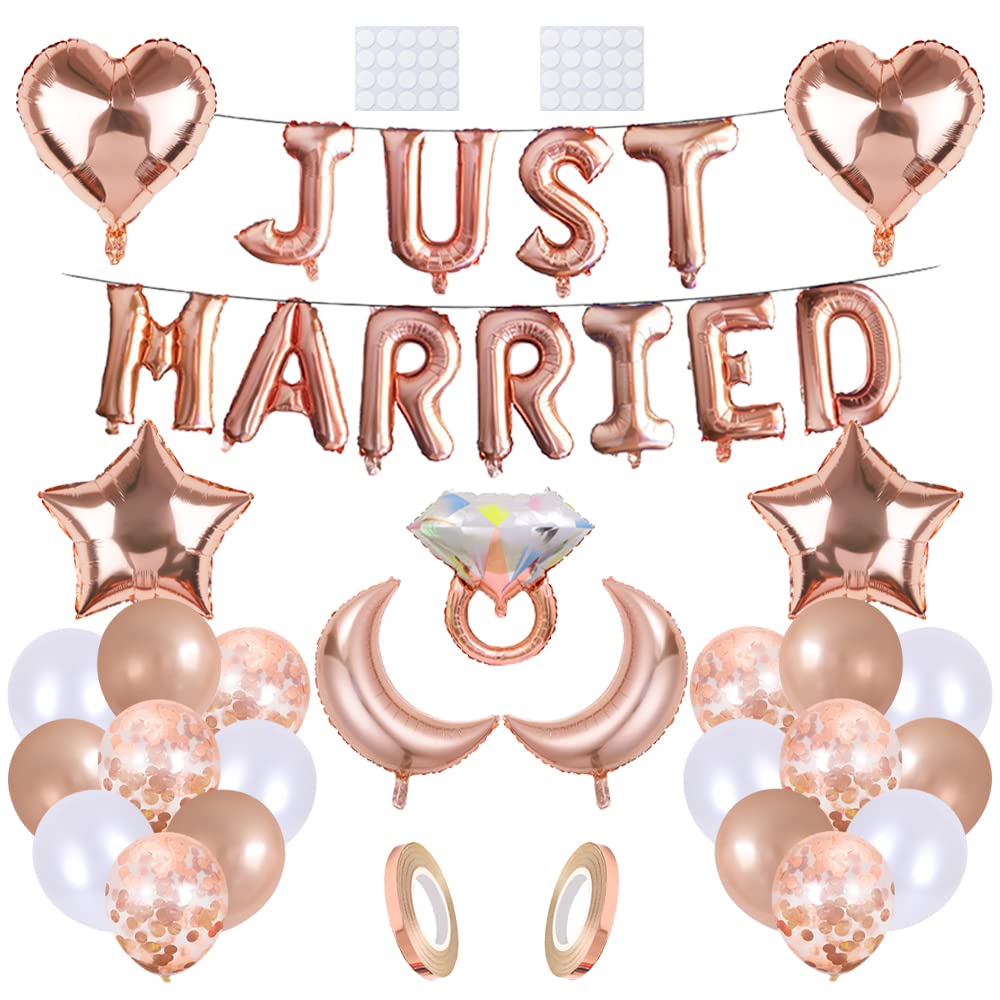 Maigendoo Wedding Balloons Set Just Married Banner Heart Star Moon Foil Mylar Balloon Diamond Balloon Confetti Balloon Latex Balloons Kit for Bridal Shower Wedding Engagement Party Decorations