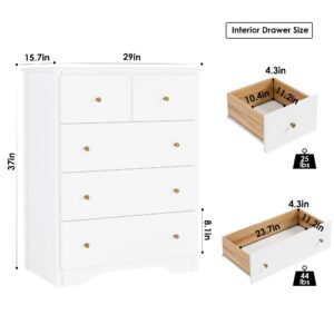 HOUSUIT Dresser with 5 Drawers, Tall Dresser Chest of Drawers, 5 Drawer Dresser with Deep Space, Wood Dresser Storage Cabinet for Living Room, Hallway, Entryway, Office, White