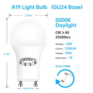 Sunshiney GU24 LED Light Bulb Dimmable, 5000K Daylight, 12W (Equivalent 75W), Twist-in Light Bulb A19 Shape,4 Pack