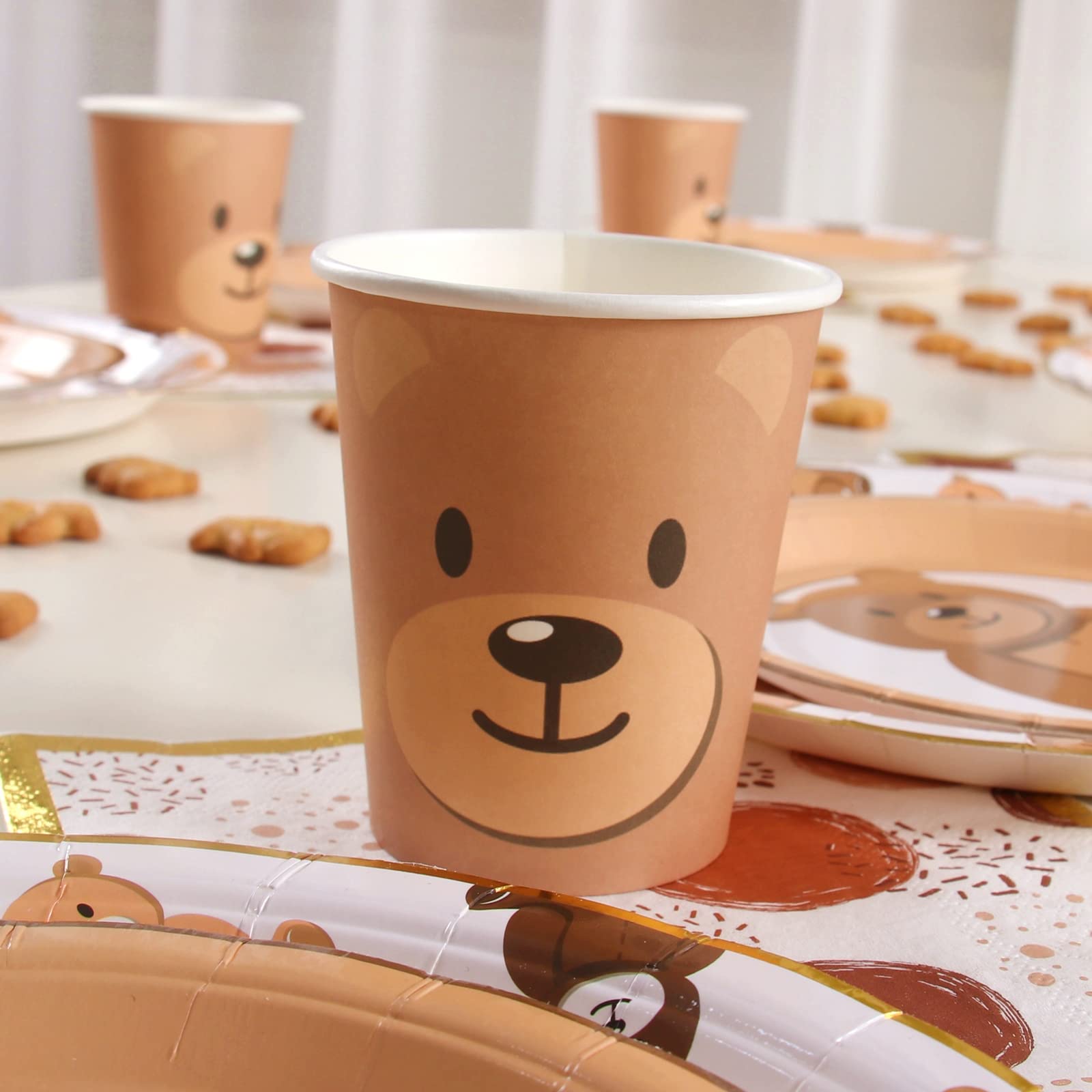 Brown Teddy Bear Baby Shower Plates - Teddy Bear Paper Plates,Disposable Cups,Napkin with Firework Pattern in Golden Border for 24 Teddy Bear Theme Party Supplies ,Baby Shower Wedding Birthday Party