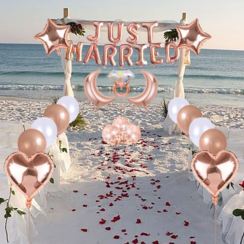 Maigendoo Wedding Balloons Set Just Married Banner Heart Star Moon Foil Mylar Balloon Diamond Balloon Confetti Balloon Latex Balloons Kit for Bridal Shower Wedding Engagement Party Decorations